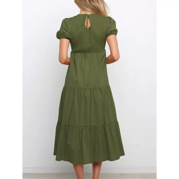 imageANRABESS Womens Summer Short Sleeve Crewneck Smocked Sundress Tiered Swing A Line Beach Midi Dress with PocketsDeep Green