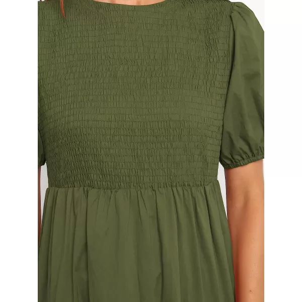 imageANRABESS Womens Summer Short Sleeve Crewneck Smocked Sundress Tiered Swing A Line Beach Midi Dress with PocketsDeep Green