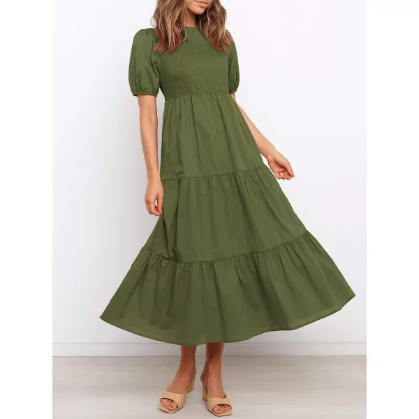 imageANRABESS Womens Summer Short Sleeve Crewneck Smocked Sundress Tiered Swing A Line Beach Midi Dress with PocketsDeep Green