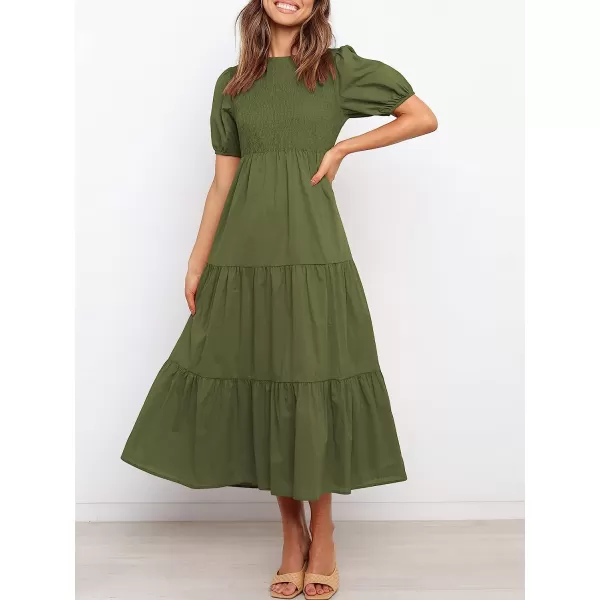 imageANRABESS Womens Summer Short Sleeve Crewneck Smocked Sundress Tiered Swing A Line Beach Midi Dress with PocketsDeep Green