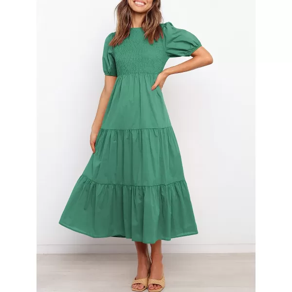 imageANRABESS Womens Summer Short Sleeve Crewneck Smocked Sundress Tiered Swing A Line Beach Midi Dress with PocketsForest