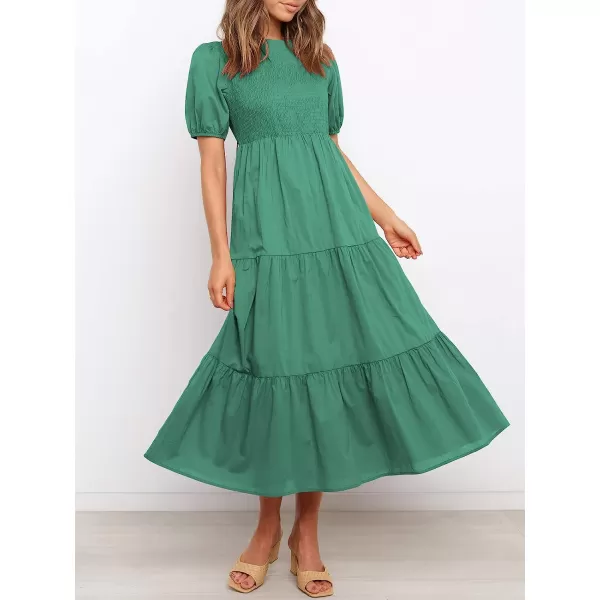 imageANRABESS Womens Summer Short Sleeve Crewneck Smocked Sundress Tiered Swing A Line Beach Midi Dress with PocketsForest
