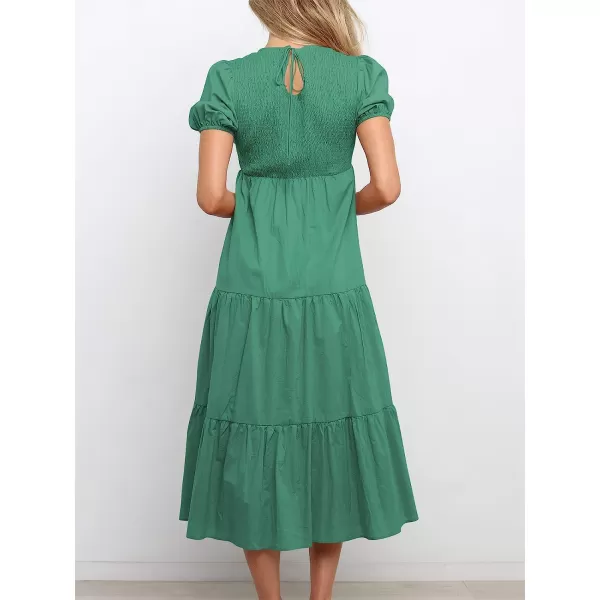imageANRABESS Womens Summer Short Sleeve Crewneck Smocked Sundress Tiered Swing A Line Beach Midi Dress with PocketsForest