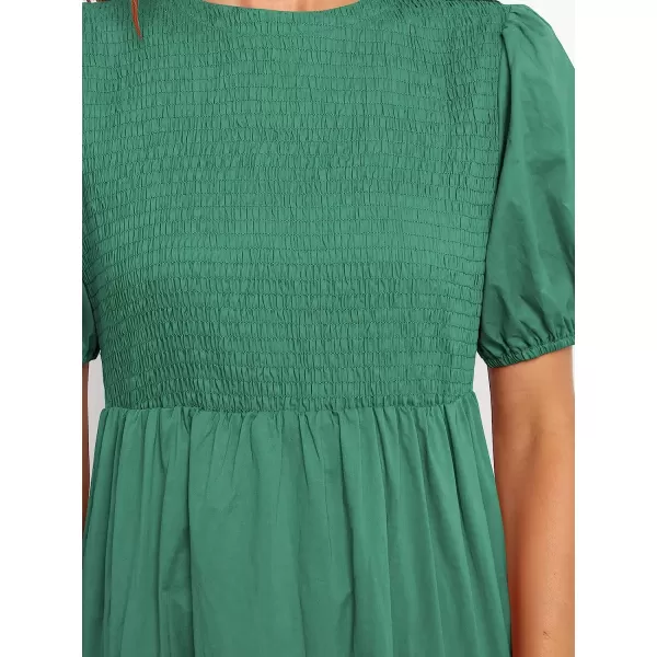 imageANRABESS Womens Summer Short Sleeve Crewneck Smocked Sundress Tiered Swing A Line Beach Midi Dress with PocketsForest
