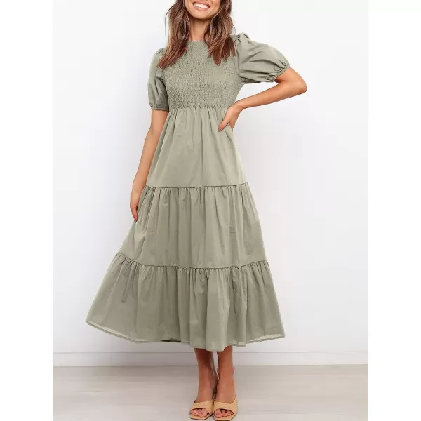imageANRABESS Womens Summer Short Sleeve Crewneck Smocked Sundress Tiered Swing A Line Beach Midi Dress with PocketsGray
