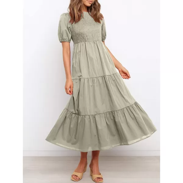 imageANRABESS Womens Summer Short Sleeve Crewneck Smocked Sundress Tiered Swing A Line Beach Midi Dress with PocketsGray