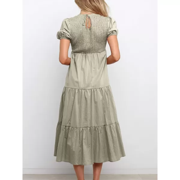 imageANRABESS Womens Summer Short Sleeve Crewneck Smocked Sundress Tiered Swing A Line Beach Midi Dress with PocketsGray