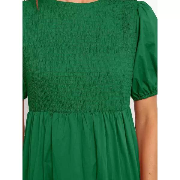 imageANRABESS Womens Summer Short Sleeve Crewneck Smocked Sundress Tiered Swing A Line Beach Midi Dress with PocketsGreen