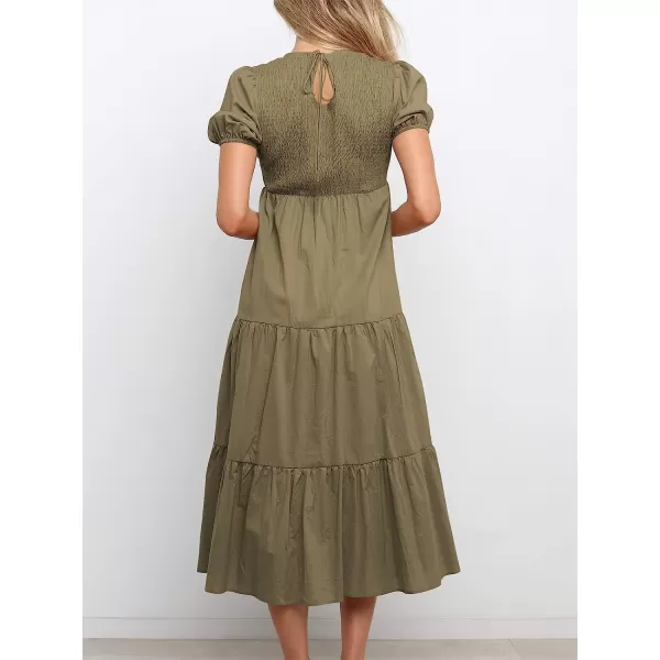 imageANRABESS Womens Summer Short Sleeve Crewneck Smocked Sundress Tiered Swing A Line Beach Midi Dress with PocketsKhaki