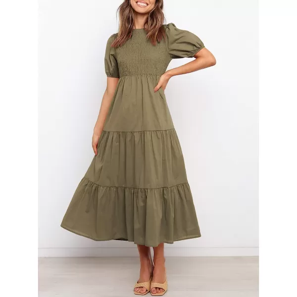 imageANRABESS Womens Summer Short Sleeve Crewneck Smocked Sundress Tiered Swing A Line Beach Midi Dress with PocketsKhaki