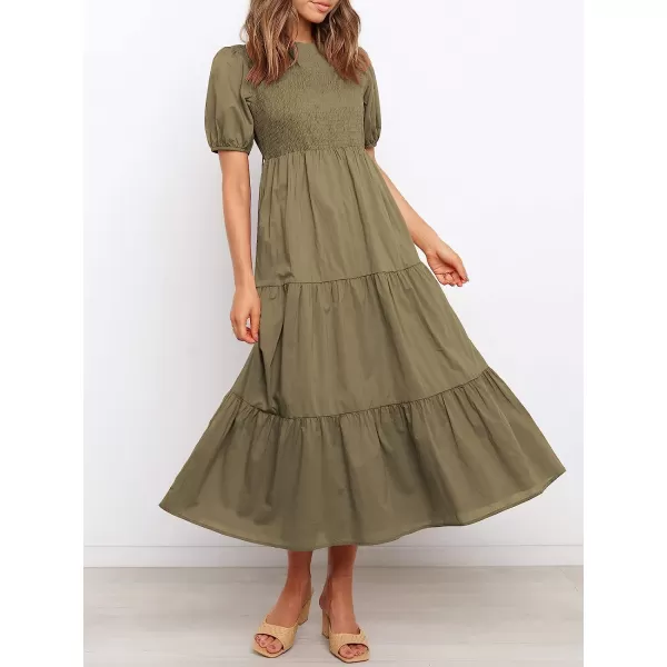 imageANRABESS Womens Summer Short Sleeve Crewneck Smocked Sundress Tiered Swing A Line Beach Midi Dress with PocketsKhaki
