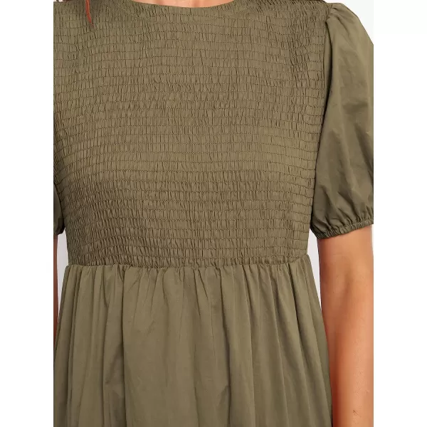 imageANRABESS Womens Summer Short Sleeve Crewneck Smocked Sundress Tiered Swing A Line Beach Midi Dress with PocketsKhaki