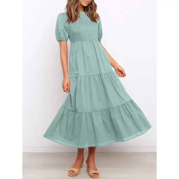 imageANRABESS Womens Summer Short Sleeve Crewneck Smocked Sundress Tiered Swing A Line Beach Midi Dress with PocketsLake