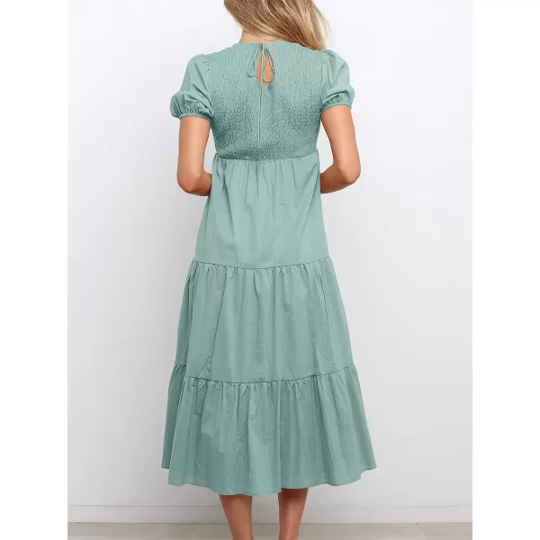 imageANRABESS Womens Summer Short Sleeve Crewneck Smocked Sundress Tiered Swing A Line Beach Midi Dress with PocketsLake