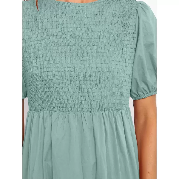 imageANRABESS Womens Summer Short Sleeve Crewneck Smocked Sundress Tiered Swing A Line Beach Midi Dress with PocketsLake
