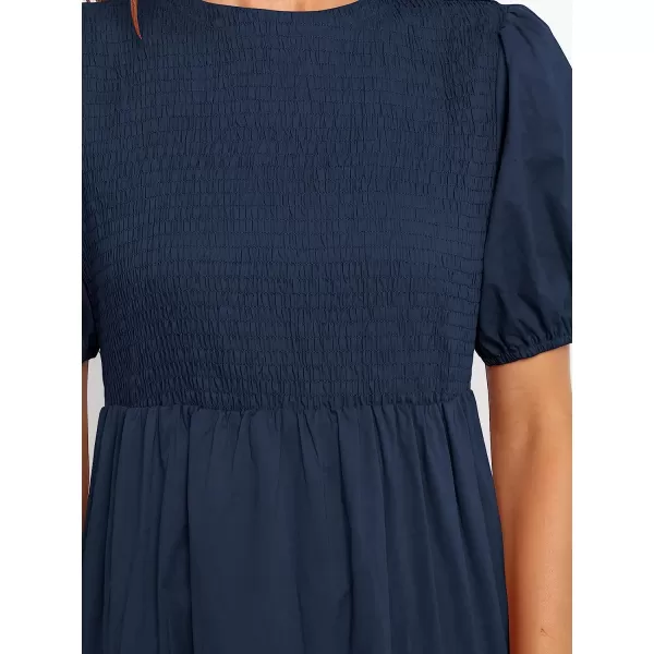 imageANRABESS Womens Summer Short Sleeve Crewneck Smocked Sundress Tiered Swing A Line Beach Midi Dress with PocketsNavy Blue