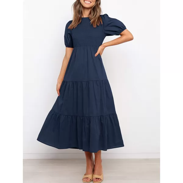 imageANRABESS Womens Summer Short Sleeve Crewneck Smocked Sundress Tiered Swing A Line Beach Midi Dress with PocketsNavy Blue