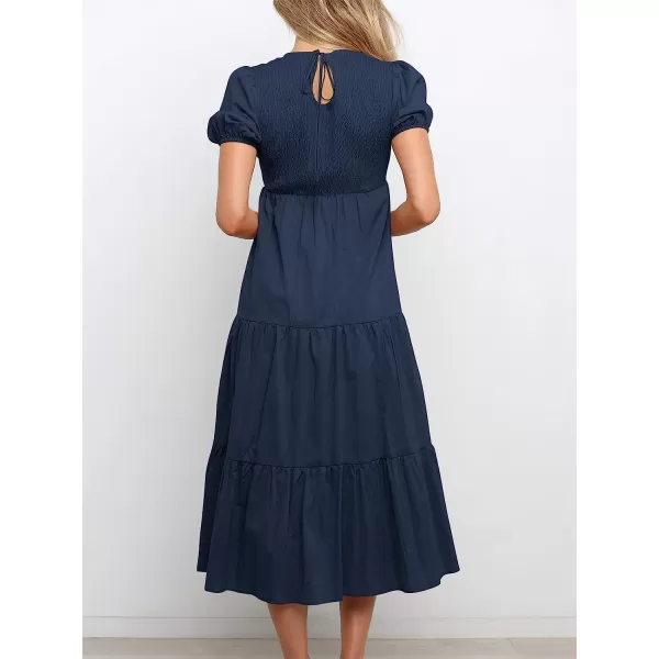 imageANRABESS Womens Summer Short Sleeve Crewneck Smocked Sundress Tiered Swing A Line Beach Midi Dress with PocketsNavy Blue