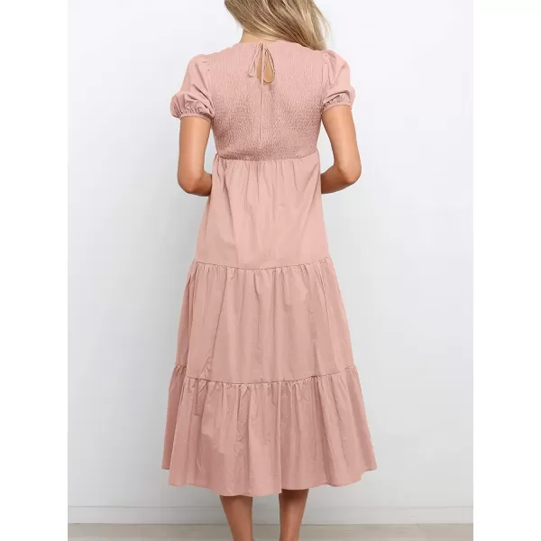 imageANRABESS Womens Summer Short Sleeve Crewneck Smocked Sundress Tiered Swing A Line Beach Midi Dress with PocketsPink