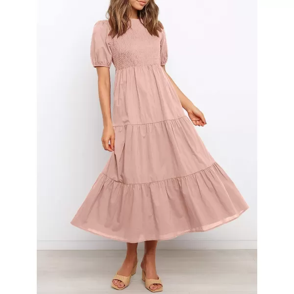 imageANRABESS Womens Summer Short Sleeve Crewneck Smocked Sundress Tiered Swing A Line Beach Midi Dress with PocketsPink