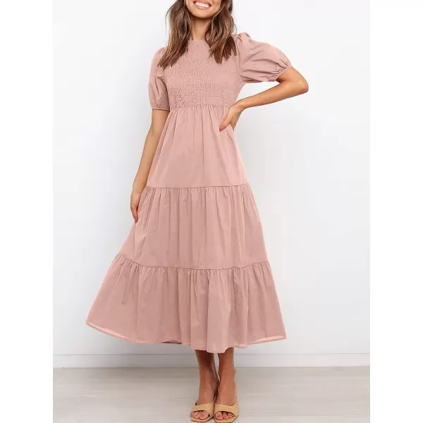 imageANRABESS Womens Summer Short Sleeve Crewneck Smocked Sundress Tiered Swing A Line Beach Midi Dress with PocketsPink