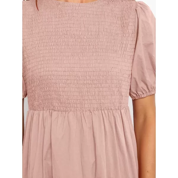 imageANRABESS Womens Summer Short Sleeve Crewneck Smocked Sundress Tiered Swing A Line Beach Midi Dress with PocketsPink