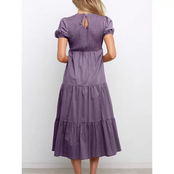 imageANRABESS Womens Summer Short Sleeve Crewneck Smocked Sundress Tiered Swing A Line Beach Midi Dress with PocketsPurple