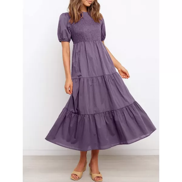 imageANRABESS Womens Summer Short Sleeve Crewneck Smocked Sundress Tiered Swing A Line Beach Midi Dress with PocketsPurple