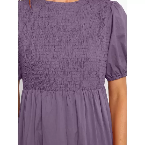imageANRABESS Womens Summer Short Sleeve Crewneck Smocked Sundress Tiered Swing A Line Beach Midi Dress with PocketsPurple