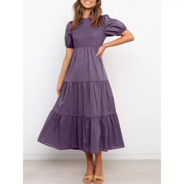 imageANRABESS Womens Summer Short Sleeve Crewneck Smocked Sundress Tiered Swing A Line Beach Midi Dress with PocketsPurple