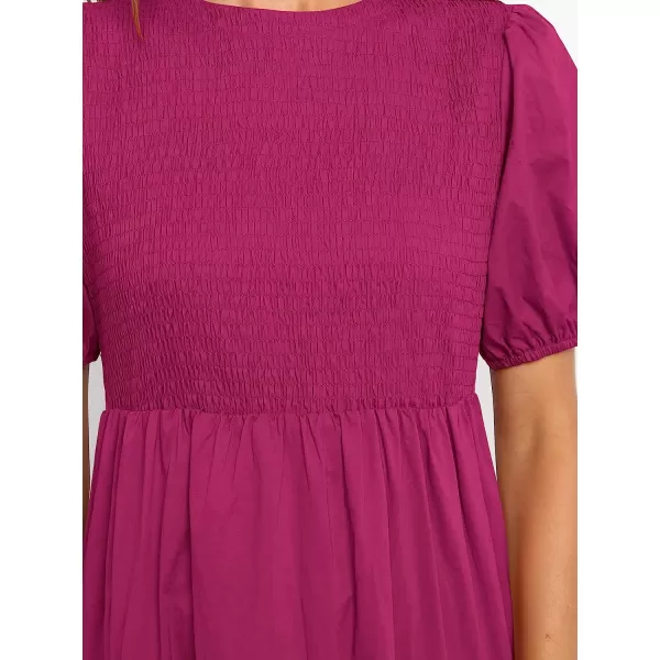 imageANRABESS Womens Summer Short Sleeve Crewneck Smocked Sundress Tiered Swing A Line Beach Midi Dress with PocketsRose