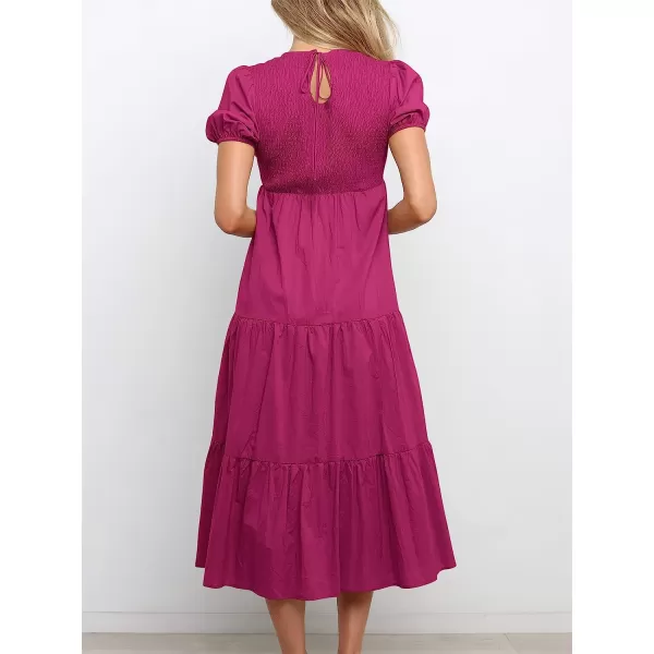 imageANRABESS Womens Summer Short Sleeve Crewneck Smocked Sundress Tiered Swing A Line Beach Midi Dress with PocketsRose