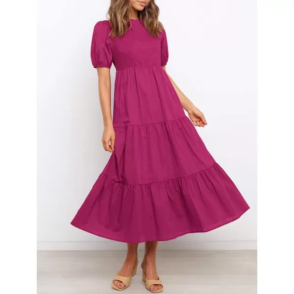 imageANRABESS Womens Summer Short Sleeve Crewneck Smocked Sundress Tiered Swing A Line Beach Midi Dress with PocketsRose