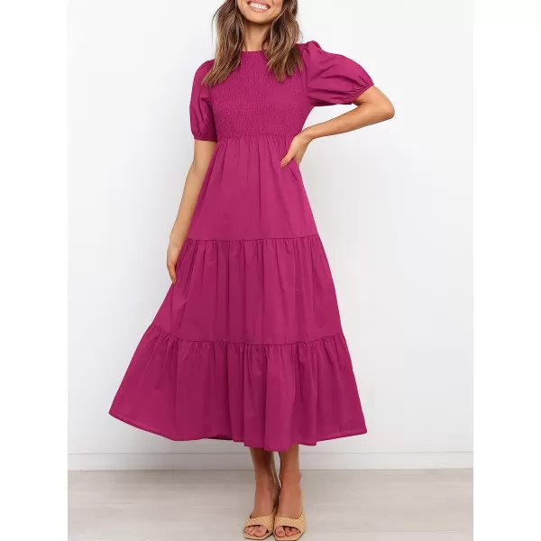 imageANRABESS Womens Summer Short Sleeve Crewneck Smocked Sundress Tiered Swing A Line Beach Midi Dress with PocketsRose