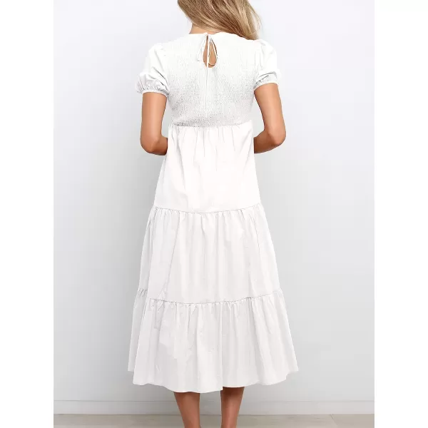imageANRABESS Womens Summer Short Sleeve Crewneck Smocked Sundress Tiered Swing A Line Beach Midi Dress with PocketsWhite