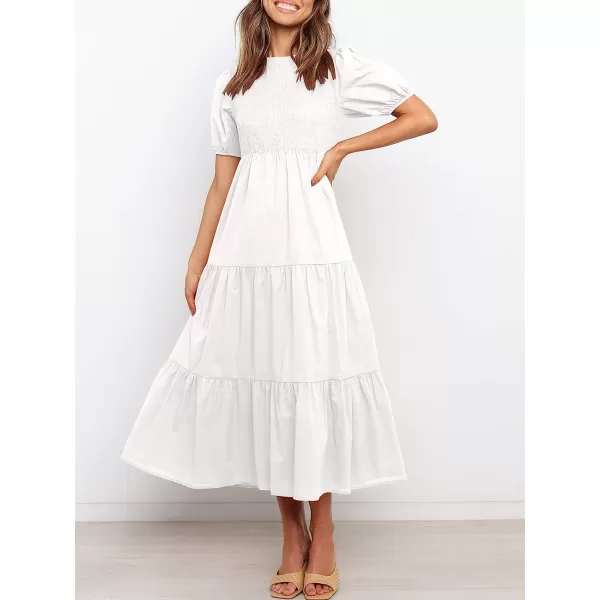 imageANRABESS Womens Summer Short Sleeve Crewneck Smocked Sundress Tiered Swing A Line Beach Midi Dress with PocketsWhite
