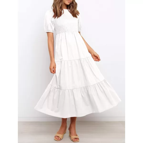 imageANRABESS Womens Summer Short Sleeve Crewneck Smocked Sundress Tiered Swing A Line Beach Midi Dress with PocketsWhite