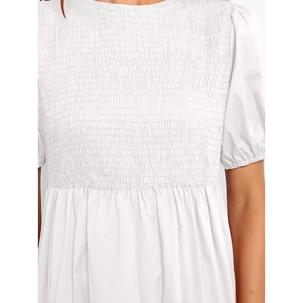 imageANRABESS Womens Summer Short Sleeve Crewneck Smocked Sundress Tiered Swing A Line Beach Midi Dress with PocketsWhite