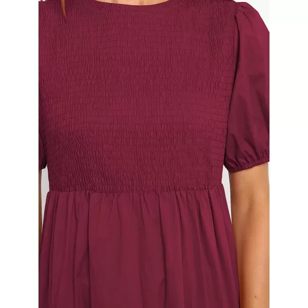 imageANRABESS Womens Summer Short Sleeve Crewneck Smocked Sundress Tiered Swing A Line Beach Midi Dress with PocketsWinered