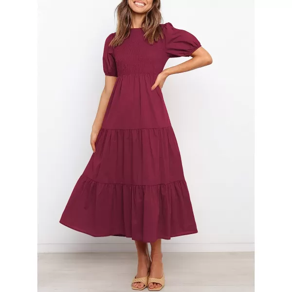 imageANRABESS Womens Summer Short Sleeve Crewneck Smocked Sundress Tiered Swing A Line Beach Midi Dress with PocketsWinered