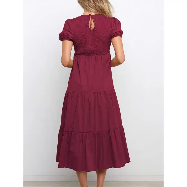 imageANRABESS Womens Summer Short Sleeve Crewneck Smocked Sundress Tiered Swing A Line Beach Midi Dress with PocketsWinered