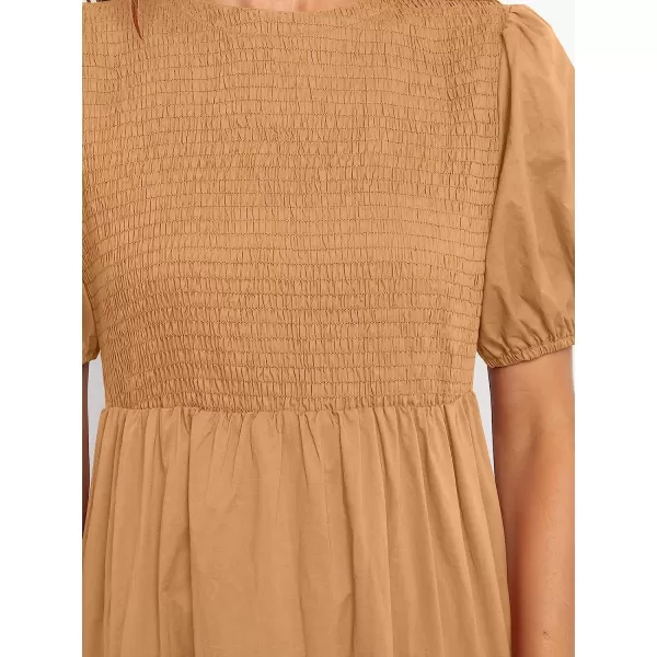 imageANRABESS Womens Summer Short Sleeve Crewneck Smocked Sundress Tiered Swing A Line Beach Midi Dress with PocketsYellow
