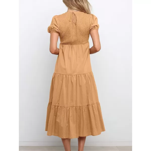 imageANRABESS Womens Summer Short Sleeve Crewneck Smocked Sundress Tiered Swing A Line Beach Midi Dress with PocketsYellow