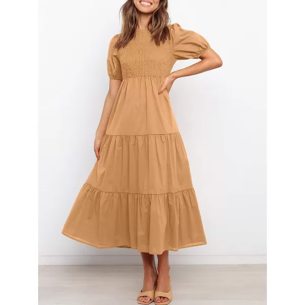 imageANRABESS Womens Summer Short Sleeve Crewneck Smocked Sundress Tiered Swing A Line Beach Midi Dress with PocketsYellow
