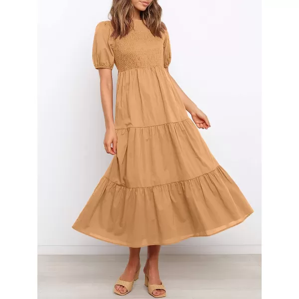 imageANRABESS Womens Summer Short Sleeve Crewneck Smocked Sundress Tiered Swing A Line Beach Midi Dress with PocketsYellow