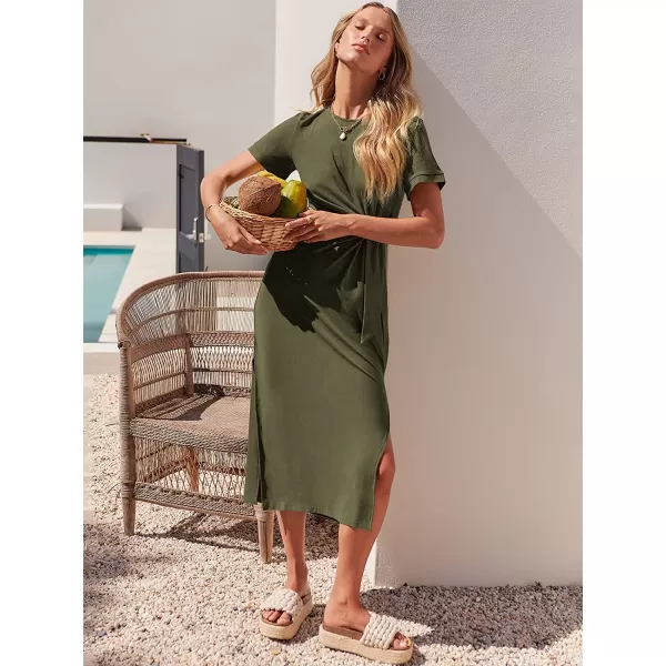 imageANRABESS Womens Summer Short Sleeve Crewneck T Shirt Maxi Dress Tie Waist Casual Slim Fit Slit Beach DressesArmy Green