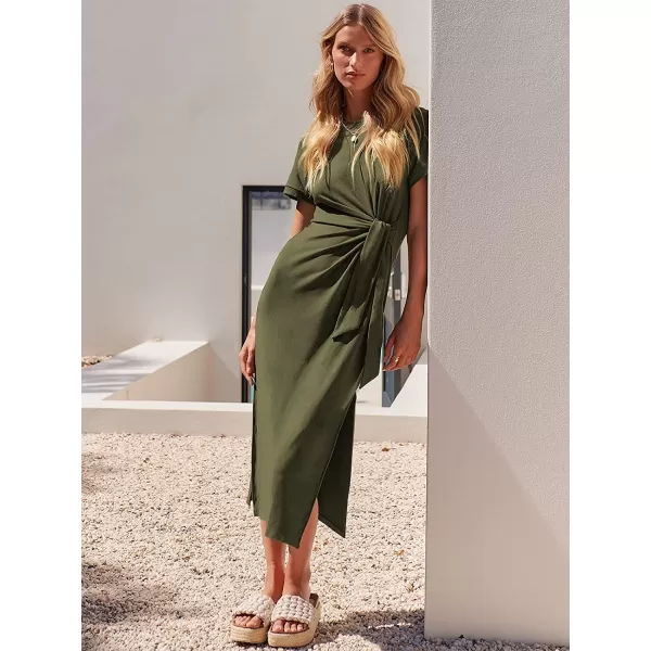 imageANRABESS Womens Summer Short Sleeve Crewneck T Shirt Maxi Dress Tie Waist Casual Slim Fit Slit Beach DressesArmy Green