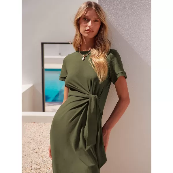 imageANRABESS Womens Summer Short Sleeve Crewneck T Shirt Maxi Dress Tie Waist Casual Slim Fit Slit Beach DressesArmy Green
