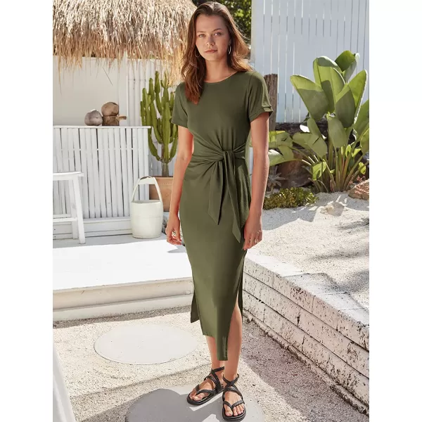 imageANRABESS Womens Summer Short Sleeve Crewneck T Shirt Maxi Dress Tie Waist Casual Slim Fit Slit Beach DressesArmy Green