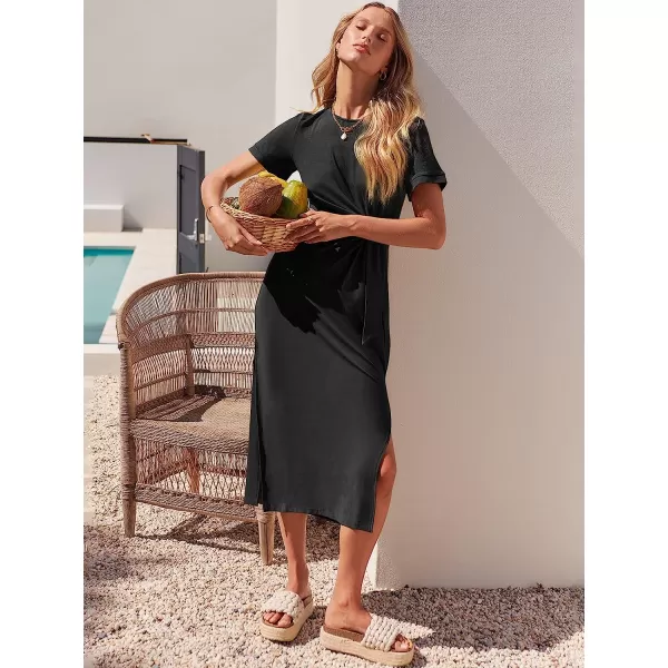 imageANRABESS Womens Summer Short Sleeve Crewneck T Shirt Maxi Dress Tie Waist Casual Slim Fit Slit Beach DressesBlack